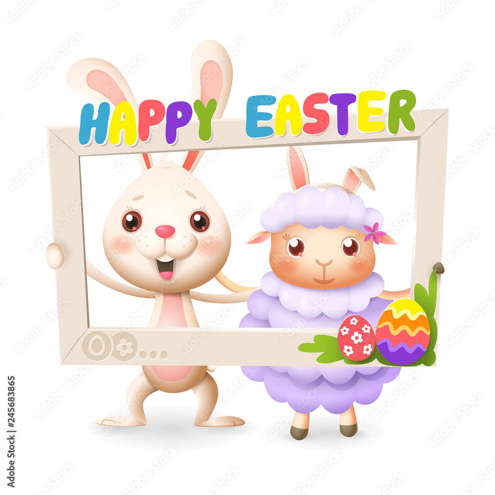 Fototapeta premium Easter animals - happy cute bunny and lamb celebrate Easter with social network photo frame - isolated on white background