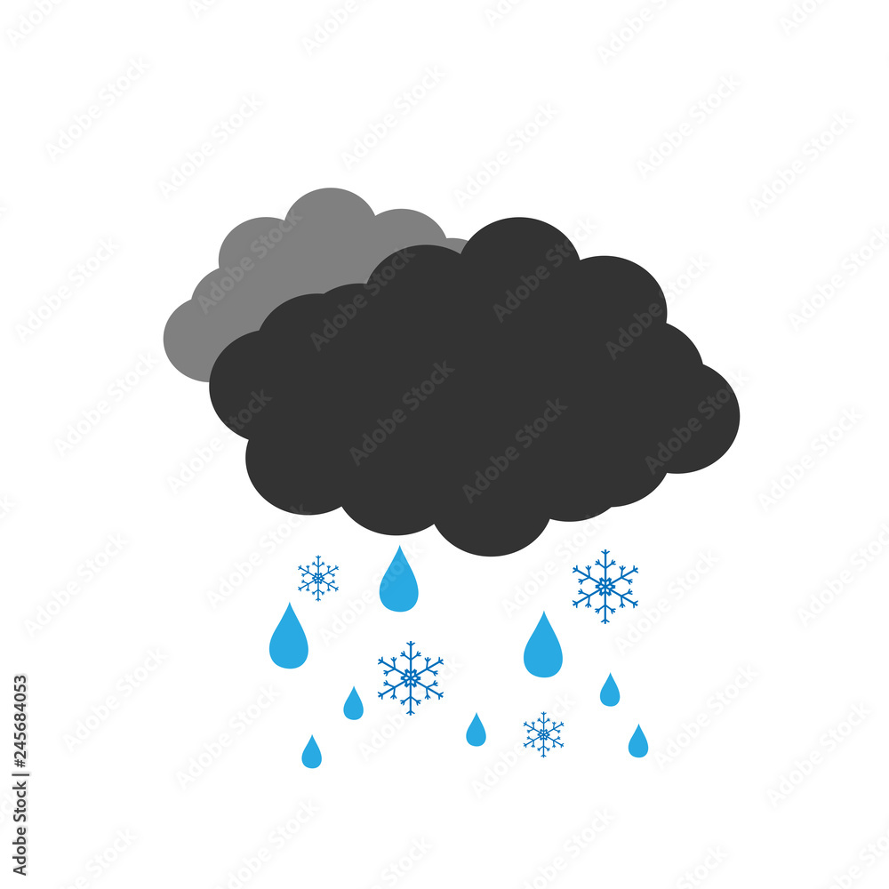 Symbol of a cloudy winter weather. Vector illustration of a dark cloud with rain and snowflake on a white background. Cartoon of clouds,raindrops and snowflakes. Symbol of a cloudy winter weather. Vector illustration of a dark cloud with rain and snowflake on a white background. Cartoon of clouds,raindrops and snowflakes.