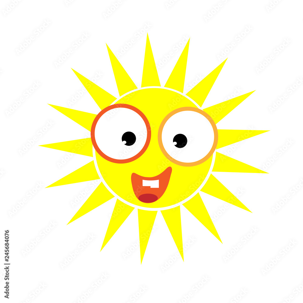 Symbol of happy sun. Vector on a white background. Childlike cartoon of sunny illustration.