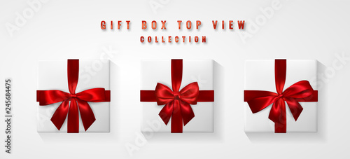Set White Gift box with red bow and ribbon top view. Element for decoration gifts, greetings, holidays. Vector illustration