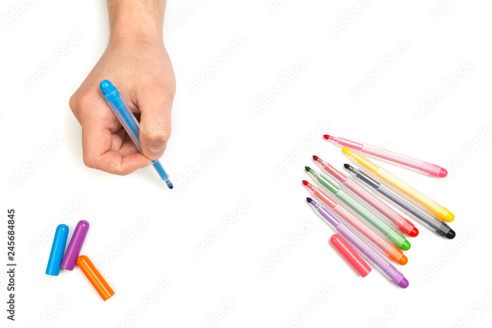 Naklejka premium man's hands writing with marker on isolated white background with text place