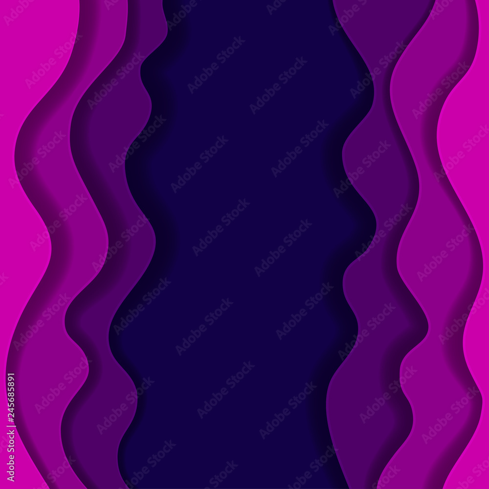 Colored paper waves, 3D background texture of layers of depth. Abstract background in shades of purple, pink. Paper cut style.