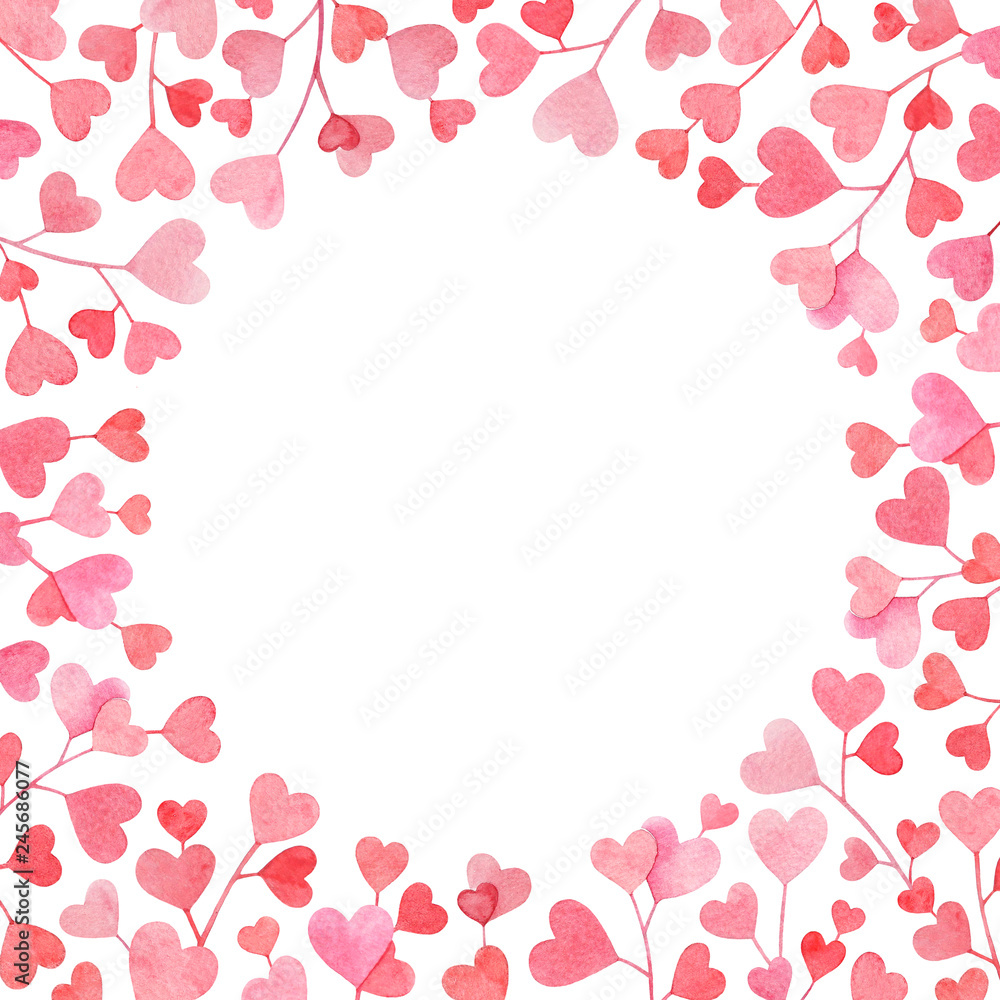 Frame with watercolor branches with pink heart shaped leaves on white background.