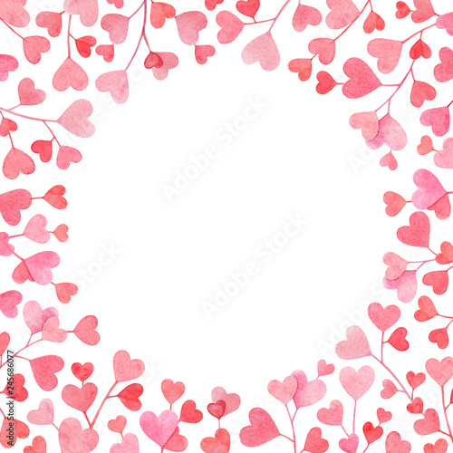 Frame with watercolor branches with pink heart shaped leaves on white background.