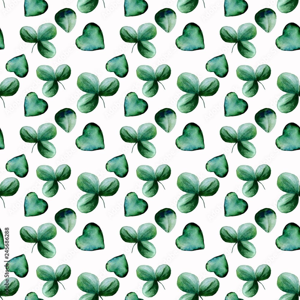 Watercolor green shamrock seamless pattern with green hearts for st Patrick's Day Watercolor green shamrock seamless pattern with green hearts for st Patrick's Day