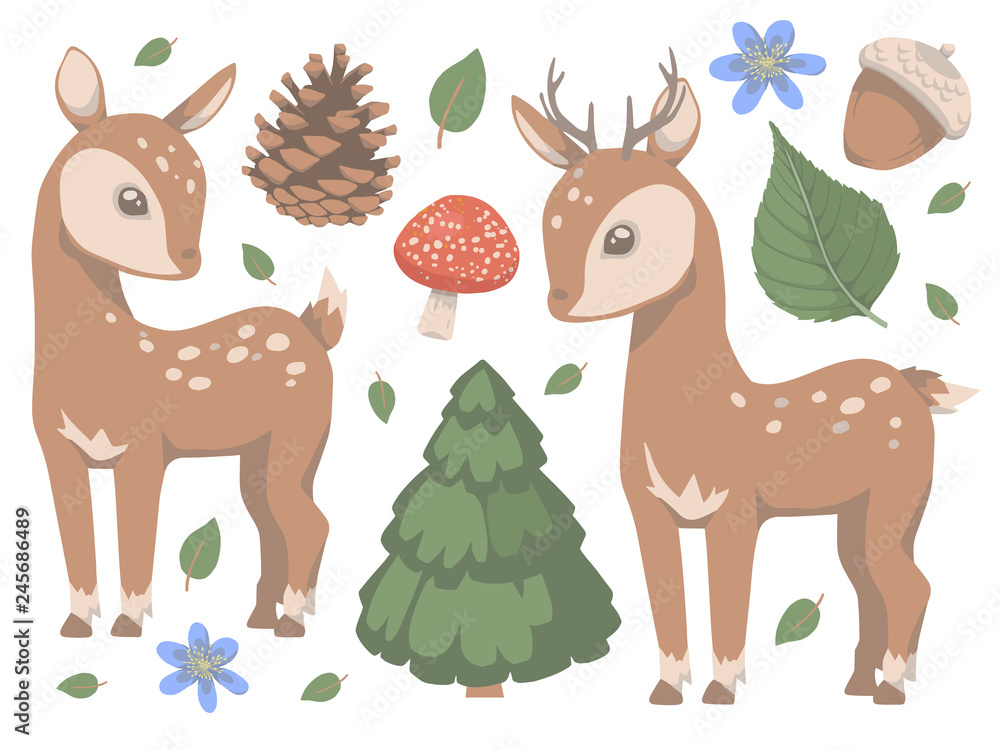 Collection of cute cartoon style forest animal deer with mushroom, pine tree, flowers and leaves vector illustration Collection of cute cartoon style forest animal deer with mushroom, pine tree, flowers and leaves vector illustration