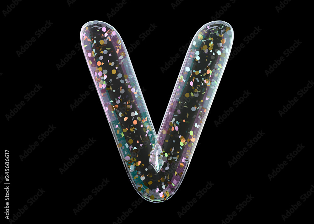 Letter V. Alphabet from transparent foil balloons. 3D Letter V. Alphabet from transparent foil balloons. 3D