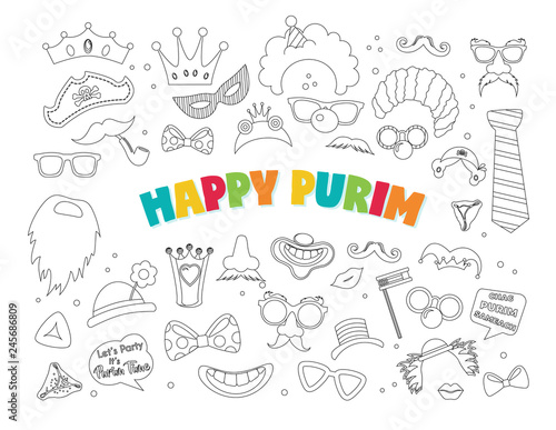 Purim clipart with carnival elements. Happy Purim Jewish festival, carnival, Purim props icons. Vector- Happy purim greeting in hebrew
