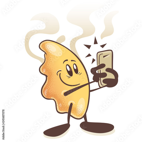 Japanese fried dumplings Gyoza. Fun cartoon character.Takes a selfie. On white background. Vector