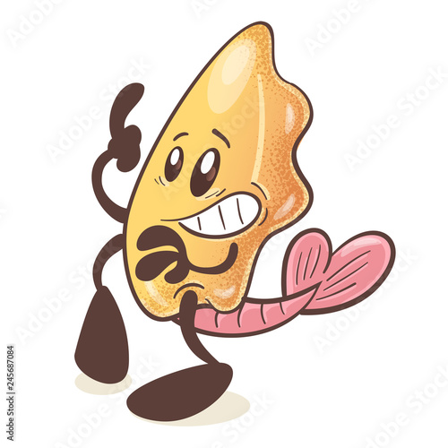 Japanese fried dumplings Gyoza. Fun cartoon character. Stuffed with shrimp. On white background. Vector