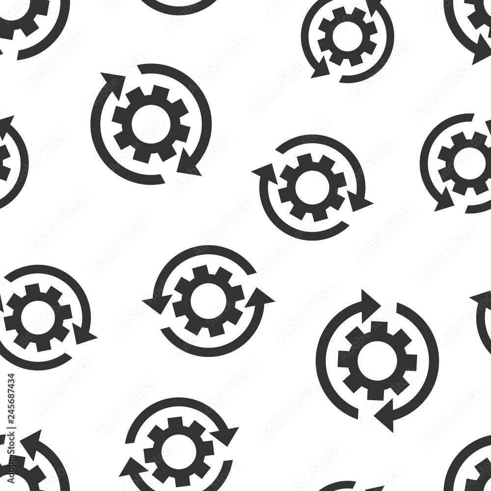 Workflow process icon seamless pattern background. Gear cog wheel with arrows vector illustration. Workflow symbol pattern. Workflow process icon seamless pattern background. Gear cog wheel with arrows vector illustration. Workflow symbol pattern.
