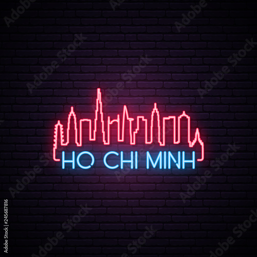 Concept neon skyline of Ho Chi Minh city. Bright Ho Chi Minh banner. Vector illustration.