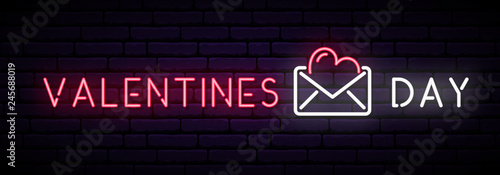 Long neon banner with inscription Valentines Day and postcard on dark brick wall. Vector Design template for Happy Valentine Day.