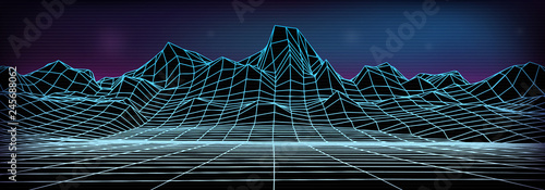 Abstract wireframe landscape background. Cyberspace neon blue grid. 3d mountine vector illustration.
