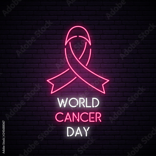 World cancer day neon sign on a dark brick wall background. Glowing Pink ribbon. Vector illustration.