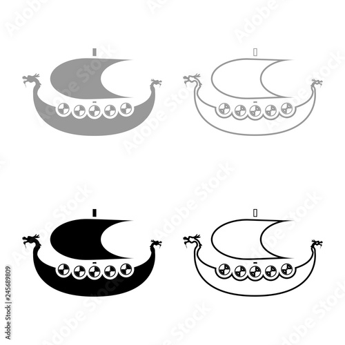 Viking drakkar Dracar sailboat Viking's ship Viking boat icon set grey black color illustration outline flat style simple image