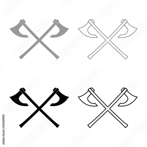 Two battle axes vikings icon set grey black color illustration outline flat style simple image