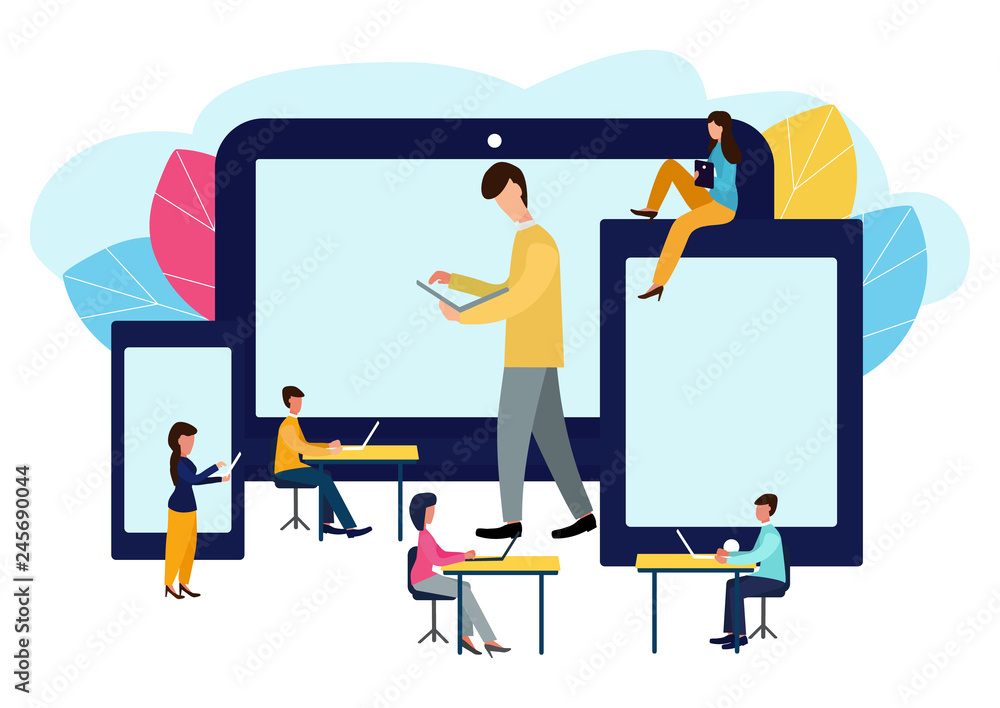 Fototapeta premium Vector colorful illustration of communication over the Internet, social networks, chat, video, news, messages