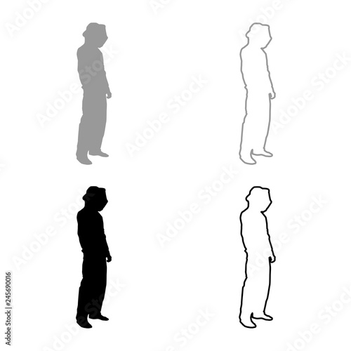 Beekeeper in protective outfit clothing with hat with grid of bee stings collects honey Beekeeper beemaster apiarist in apiary View side icon set grey black color illustration outline