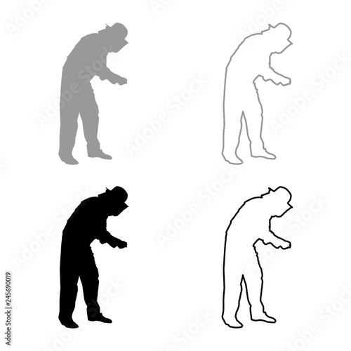Beekeeper in protective outfit clothing with hat with grid of bee stings collects honey Beekeeper beemaster apiarist in apiary taking honey icon set grey black color illustration outline