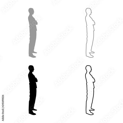 Man standing with hands crossed Dentist surgeon in medical clothes with folded hands on his chest Concept of the end of surgery operation Side view icon set grey black color illustration outline