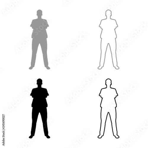 Man standing with hands crossed Dentist surgeon in medical clothes with folded hands on his chest Concept of the end of surgery operation Front view icon set grey black
