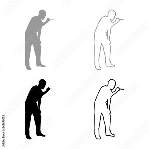 Doctor bent down holding spatula to examine throat Otolaryngologist examines throat tonsils icon set grey black color illustration outline flat style simple image