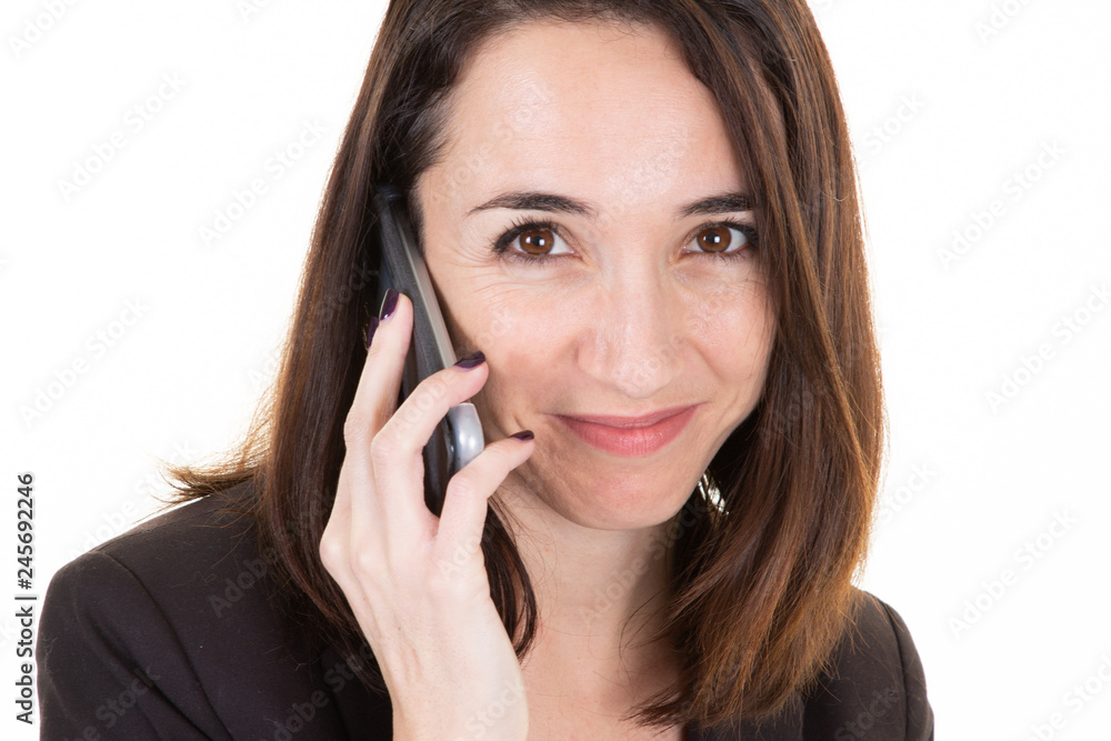 closeup portrait businesswoman with communication phone closeup portrait businesswoman with communication phone