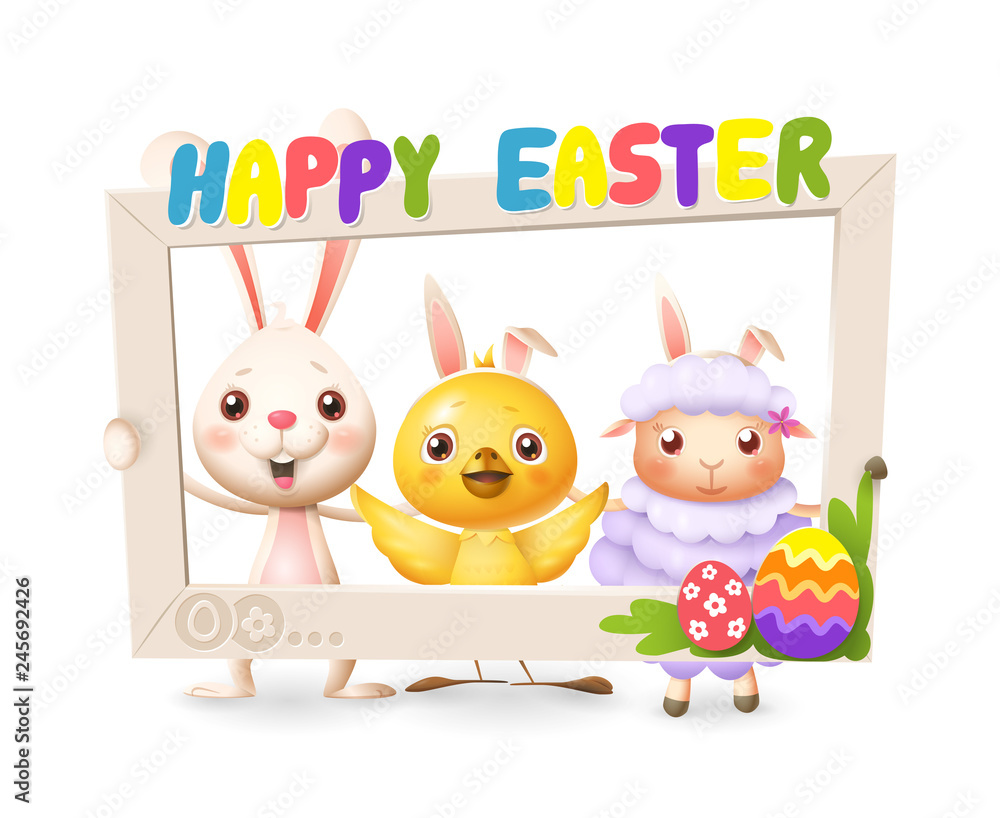Easter animals - Happy cute bunny chicken and lamb celebrate Easter with social network photo frame - isolated on white background Easter animals - Happy cute bunny chicken and lamb celebrate Easter with social network photo frame - isolated on white background
