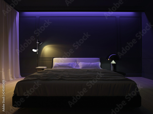 luxury minimal black bedroom with wood floor.