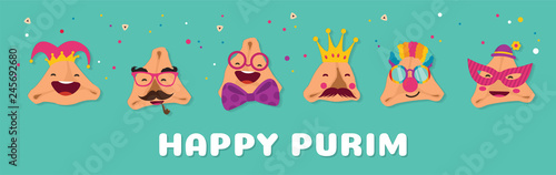 Happy Purim carnival with funny hamantashen - invitation - greeting - vector illustration