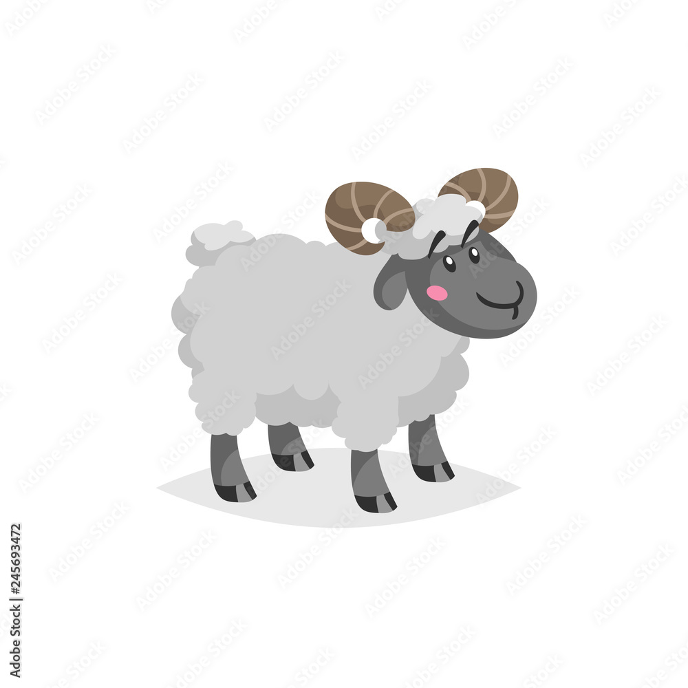 Obraz premium Cartoon ram with horns. Wooly cute male farm animal stay. Vector trendy design illustration isolated on white background.