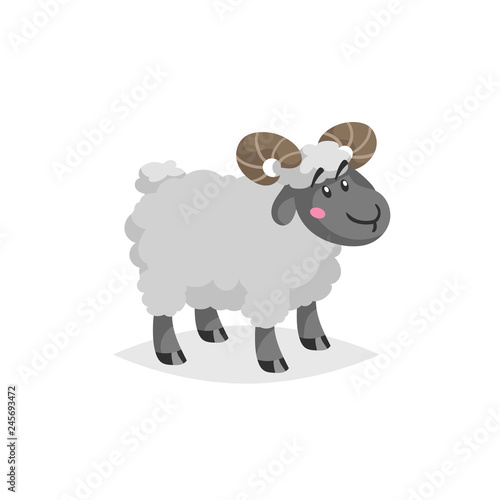 Cartoon ram with horns. Wooly cute male farm animal stay. Vector trendy design illustration isolated on white background.