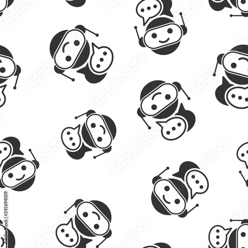Cute robot chatbot icon seamless pattern background. Bot operator vector illustration. Smart chatbot character symbol pattern.