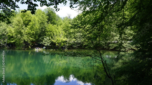 Beautiful lake view landscape. Sky and tree reflection on lake in Yedigoller Nature Park  Bolu District in Turkey. Amazing collaboration of blue and green. Multiple colors and amazing lake scenery. 