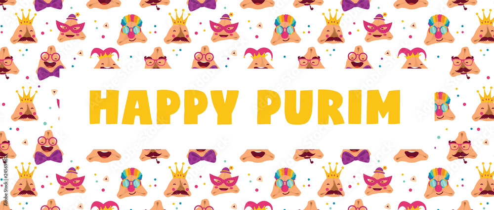 Happy Purim carnival with funny hamantashen - invitation - greeting