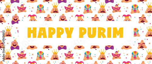 Happy Purim carnival with funny hamantashen - invitation - greeting