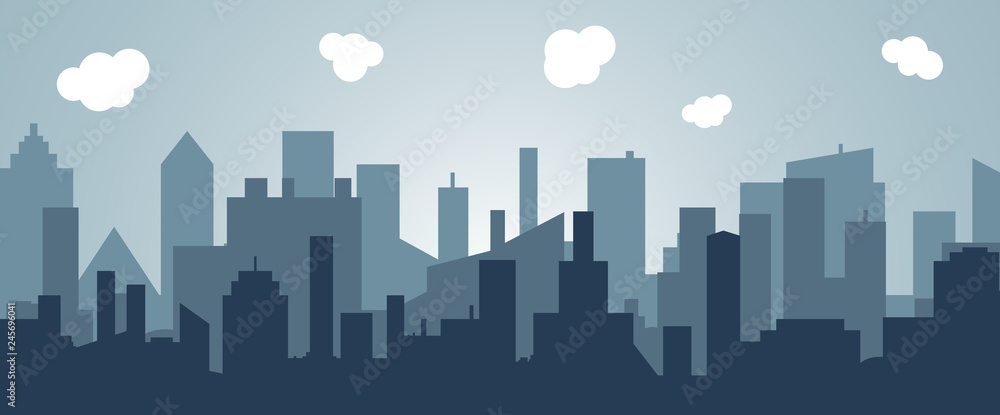 Silhouette of the cartoon city on shadow backgound. Urban vector symbol