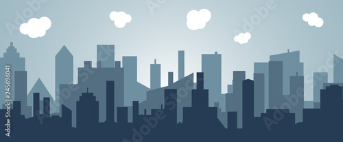 Silhouette of the cartoon city on shadow backgound. Urban vector symbol © koblizeek