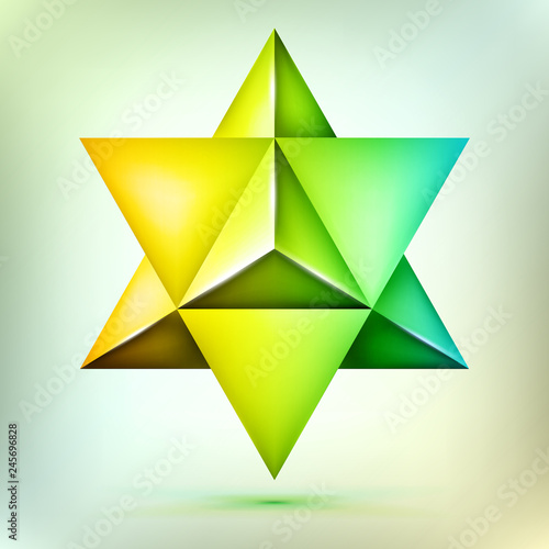 3d polyhedron Merkaba, esoteric bronze crystal, sacral geometry shape, volume david star, mesh form, abstract vector object