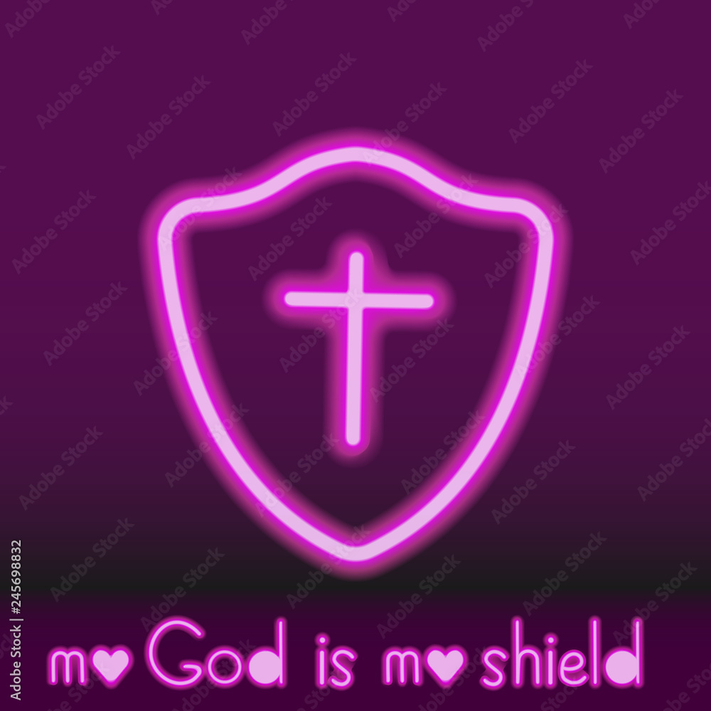 Obraz premium Neon shield with a cross. The biblical inscription 