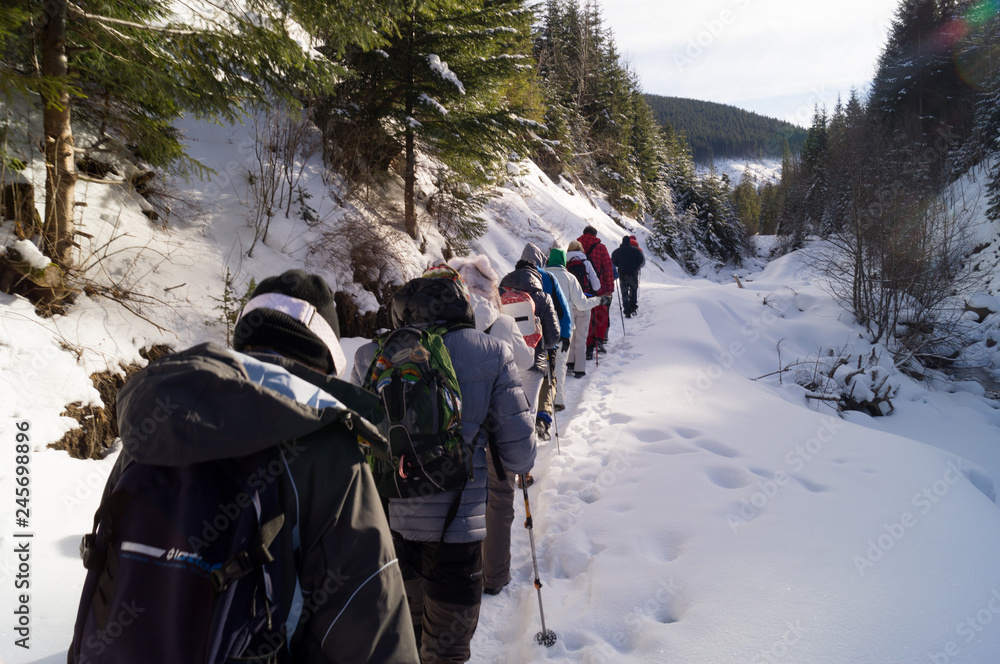 Winter adventures. Hike in the forest. Carpathians. Ukraine. Winter adventures. Hike in the forest. Carpathians. Ukraine.