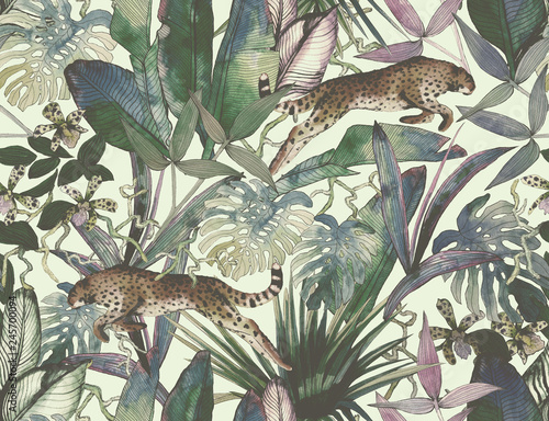 Fototapeta Naklejka Na Ścianę i Meble -  Tropical seamless pattern with tropical flowers, banana leaves and panther, leopard, cougar, wildcat