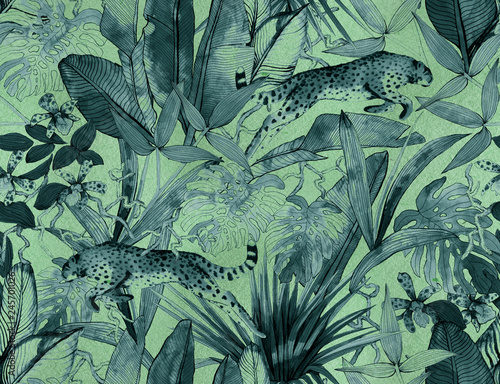 Tropical seamless pattern with tropical flowers, banana leaves and panther, leopard, cougar, wildcat photo