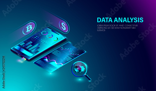 Data Analysis system on smartphone, bitcoin mining, marketing, financial statistics analysis with graphs on screen. Vector