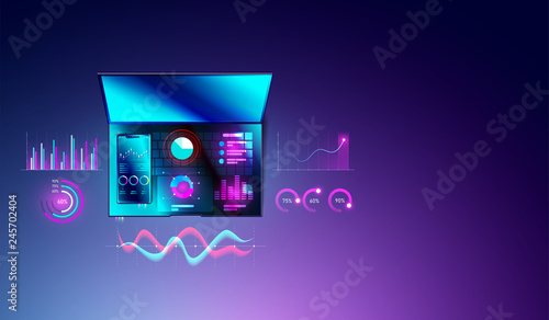 Financial statistics analysis concept on smartphone and laptop with diagrams or graph, data analysis and business planning chart on top views of computer. Vector