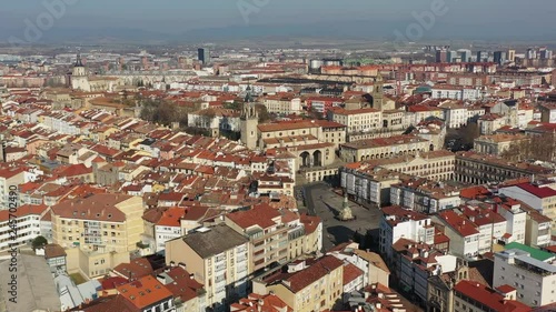 Aerial view of cityscape of Vitoria-Gasteiz, capital city of the Basque Autonomous Community, beautiful historic square Andre Maria Zuria/Virgen Blanca from above - landscape panorama of Spain, Europe photo