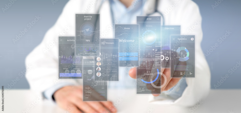 Doctor holding User interface screens with icon, stats and data 3d rendering Doctor holding User interface screens with icon, stats and data 3d rendering