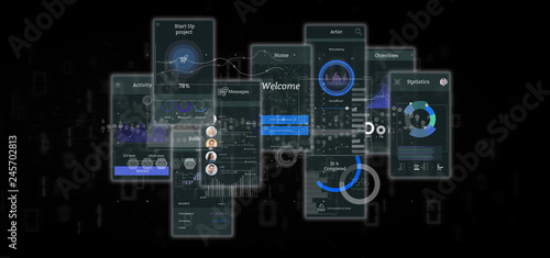 Fototapeta User interface screens with icon, stats and data 3d rendering