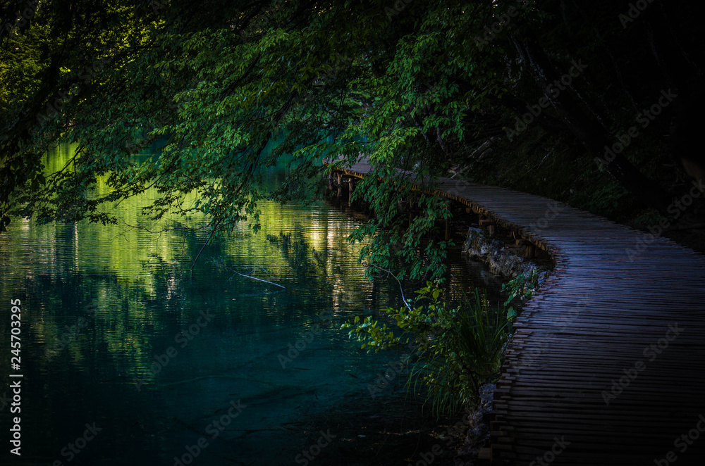 Wooden path boardwalk bridge, National park Plitvice Lakes, Croatia